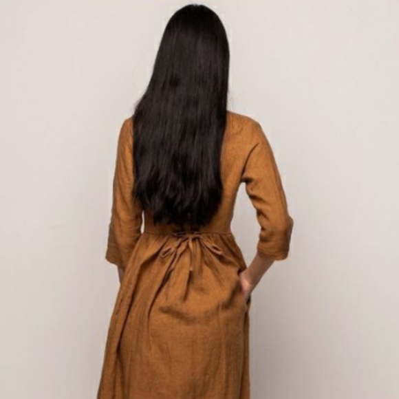 NWOT Pyne and Smith Model No.14 Button Up Full Length Linen Dress in Toast Linen - Picture 3 of 16